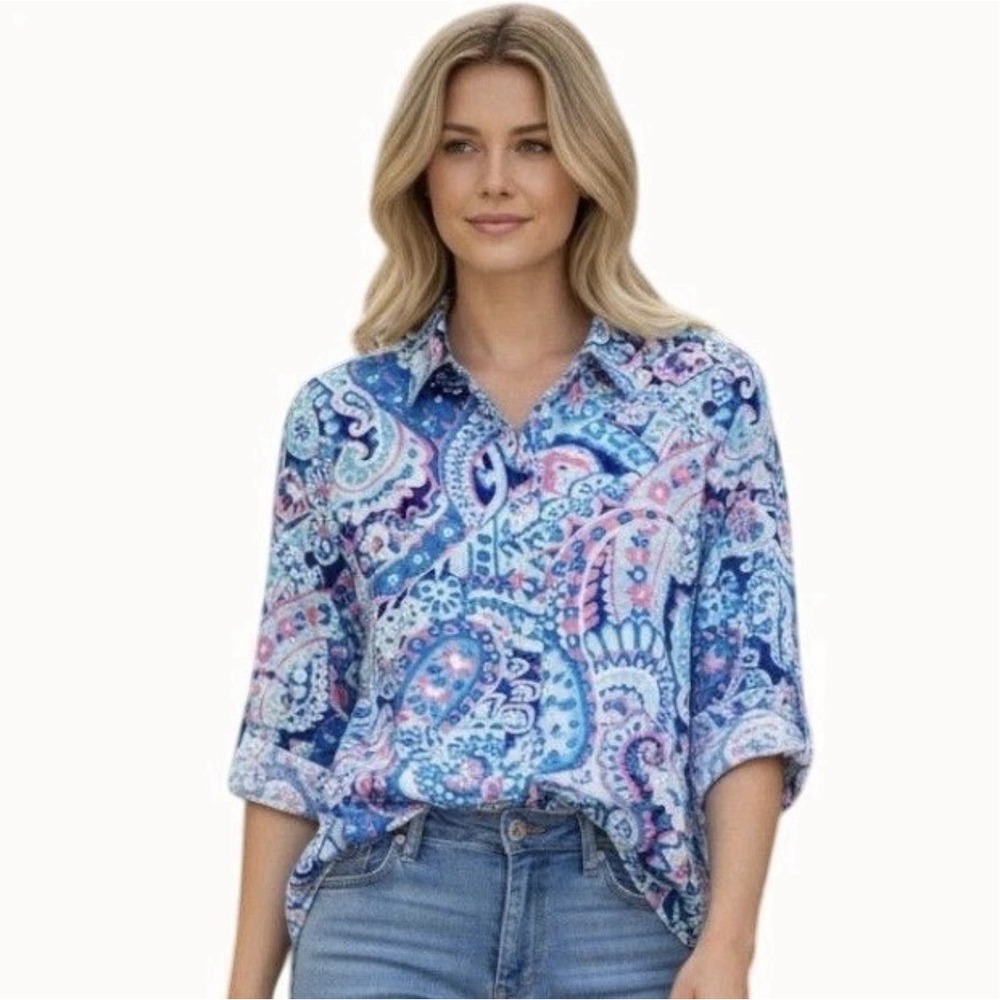Talbots XLP Petite Colorful Paisley Button Down Blouse Long Sleeve Cotton Shirt